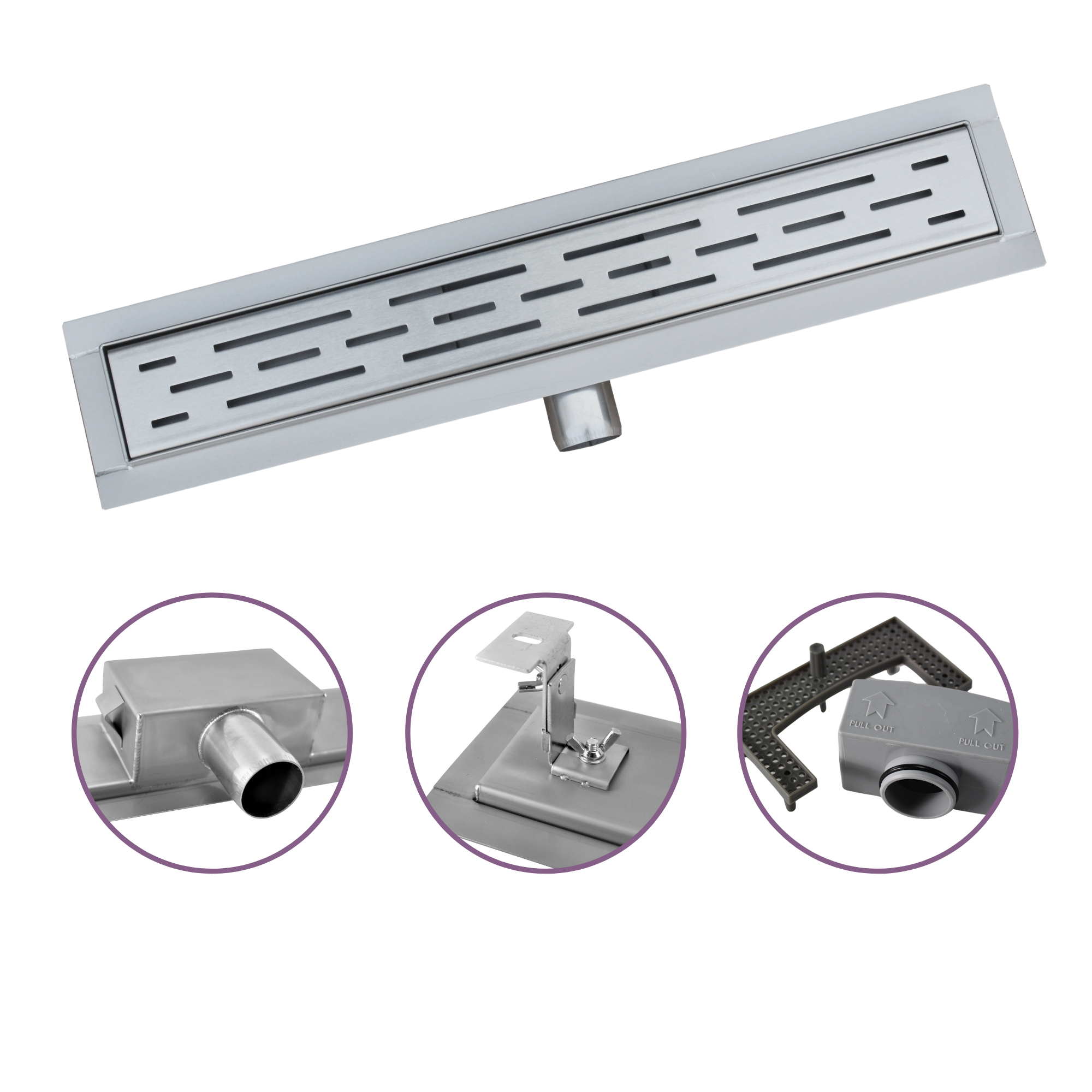 Douchegoot tegelrooster 80 cm Inclusief flens & zijuitloop Drainhandel