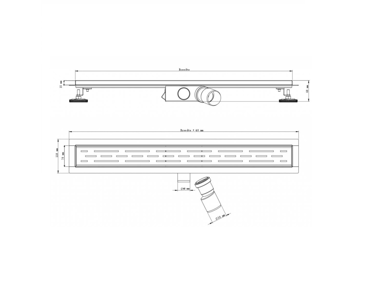 Douchegoot tegelrooster 80 cm Inclusief flens & zijuitloop Drainhandel