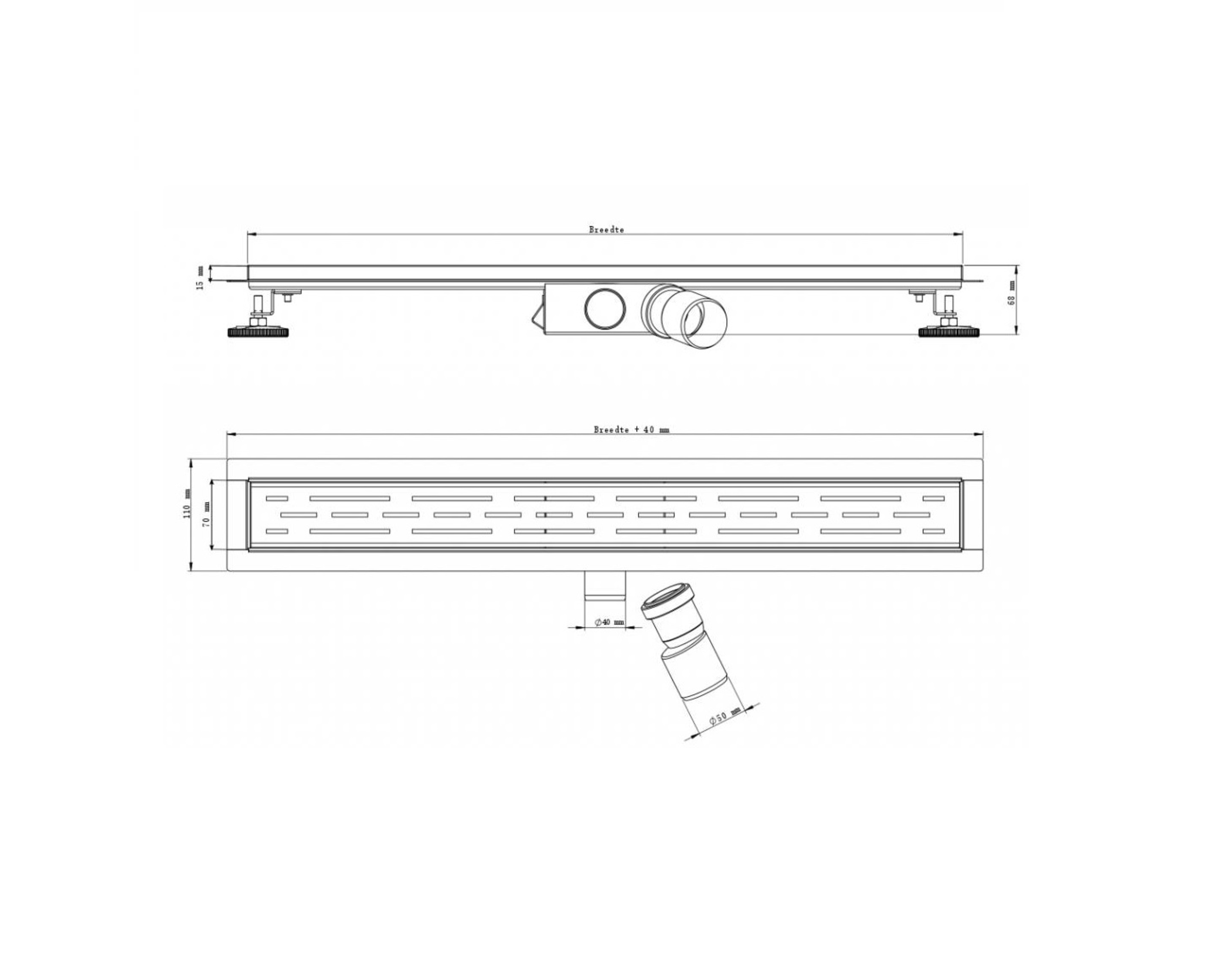 Douchegoot tegelrooster 80 cm Inclusief flens & zijuitloop Drainhandel