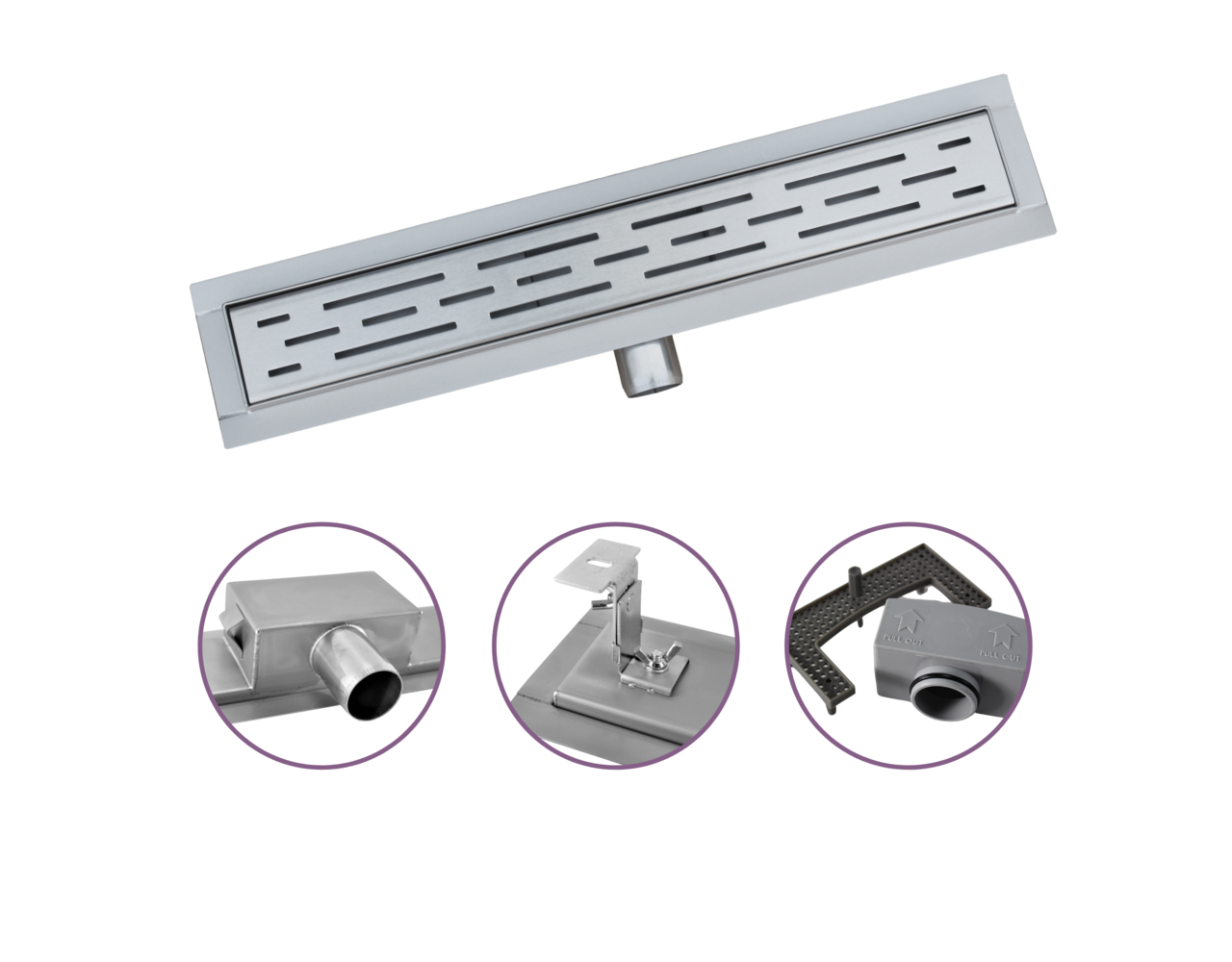 Douchegoot zijuitloop van 70 cm met zijuitloop en flens uit RVS