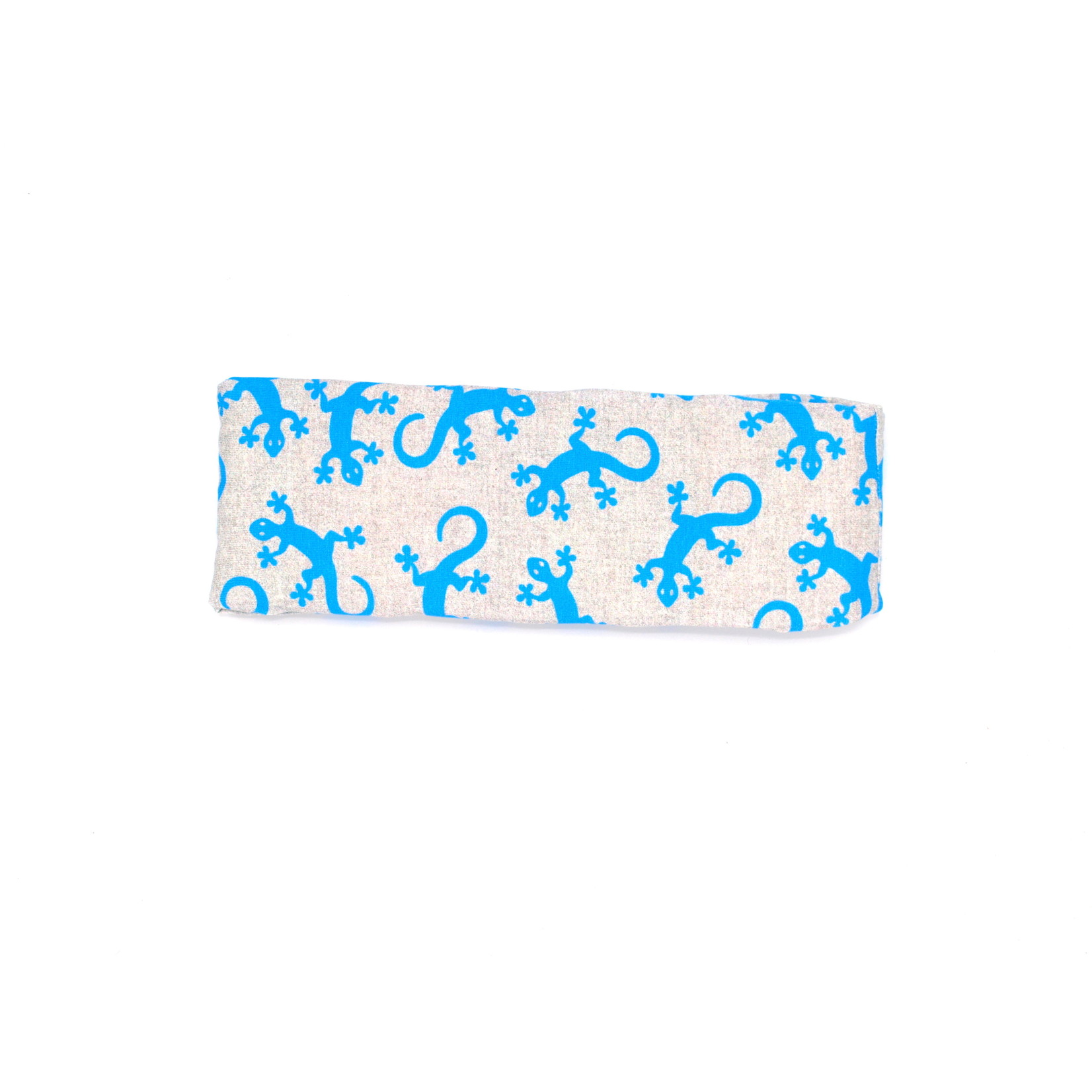Headband "Salamandra" is gray and printed with blue geckos