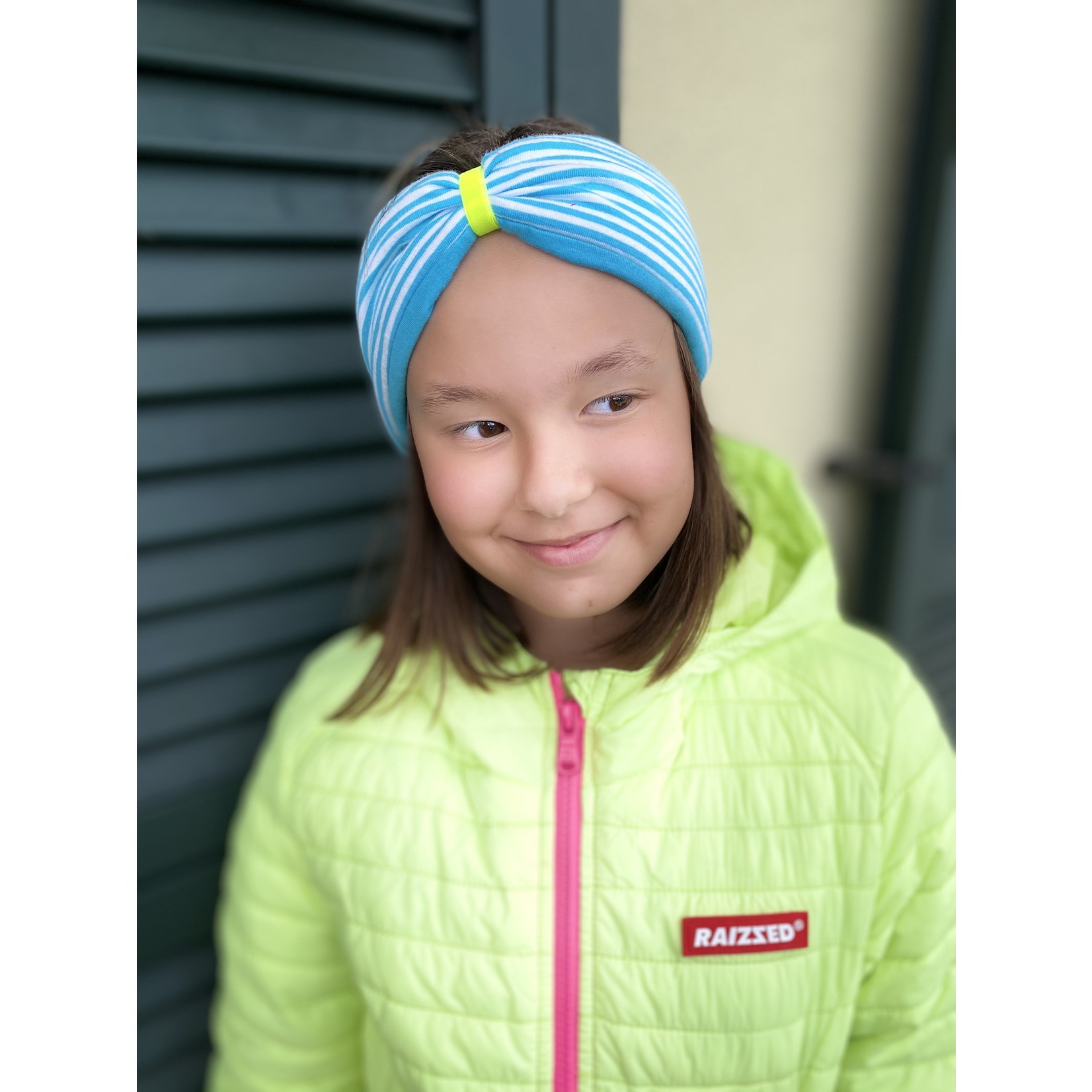 Kopfband "classic stripes" in Schleifen Optik mit neongelbem Samtband