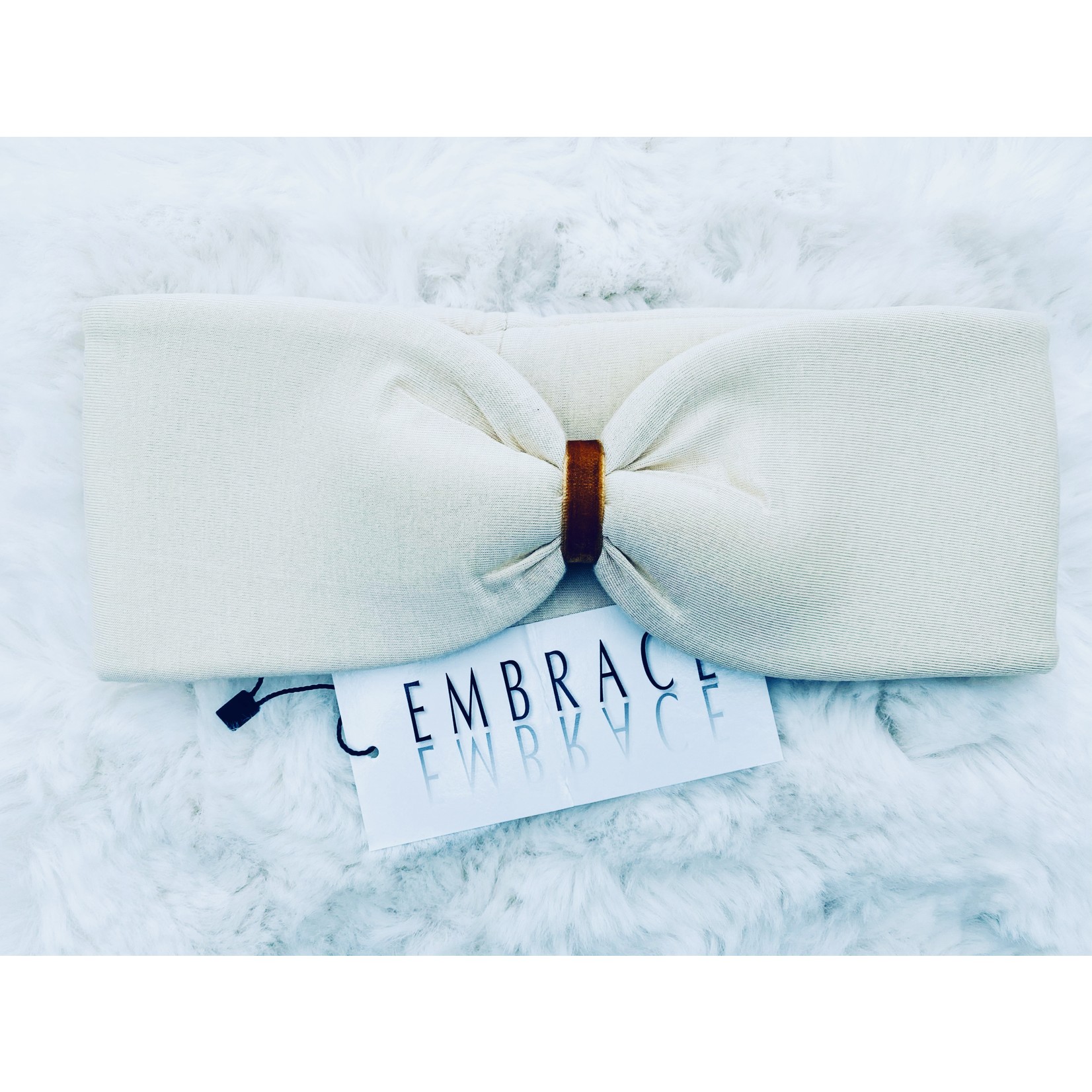 "Crema" headband in loop-look with ocher colored velvet ribbon