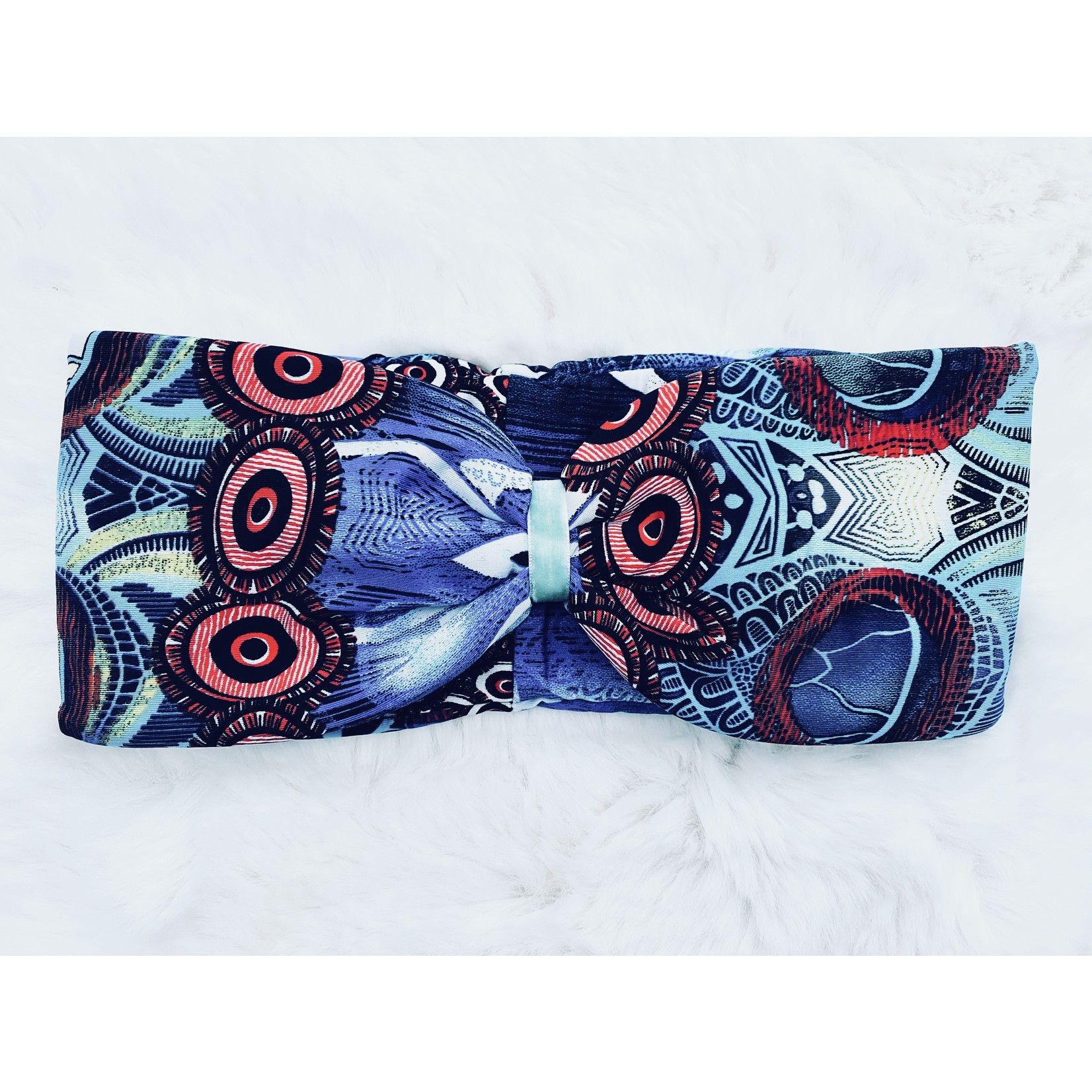 Kopfband "Pavone blu“  in Schleifen Optik mit hellblauem Samtband