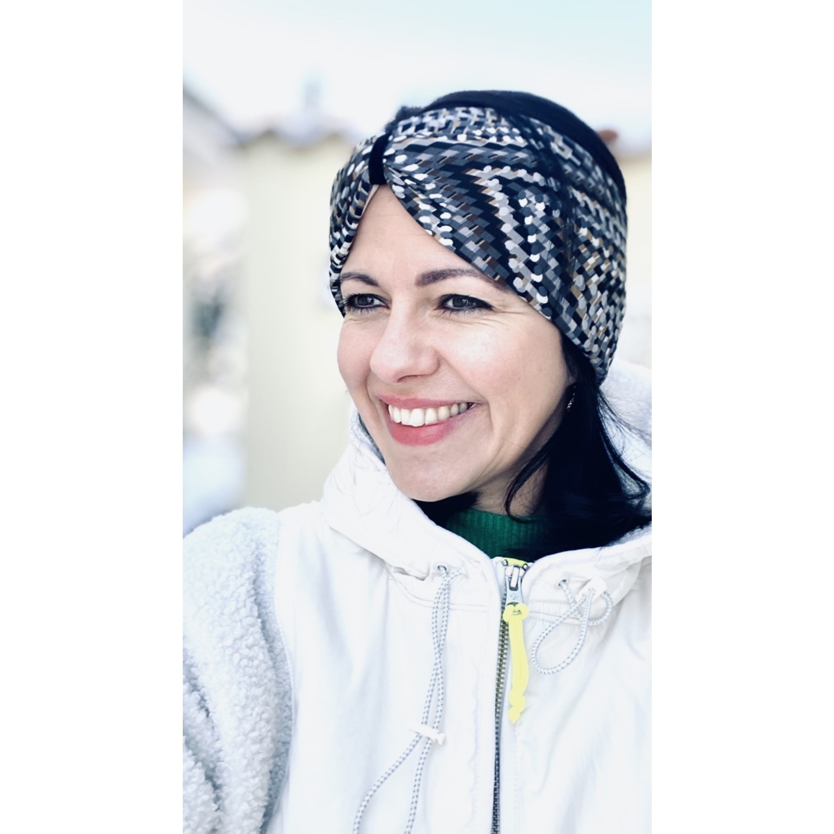 Kopfband "Raute grey creme" in Schleifen Optik mit schwarzem Samtband