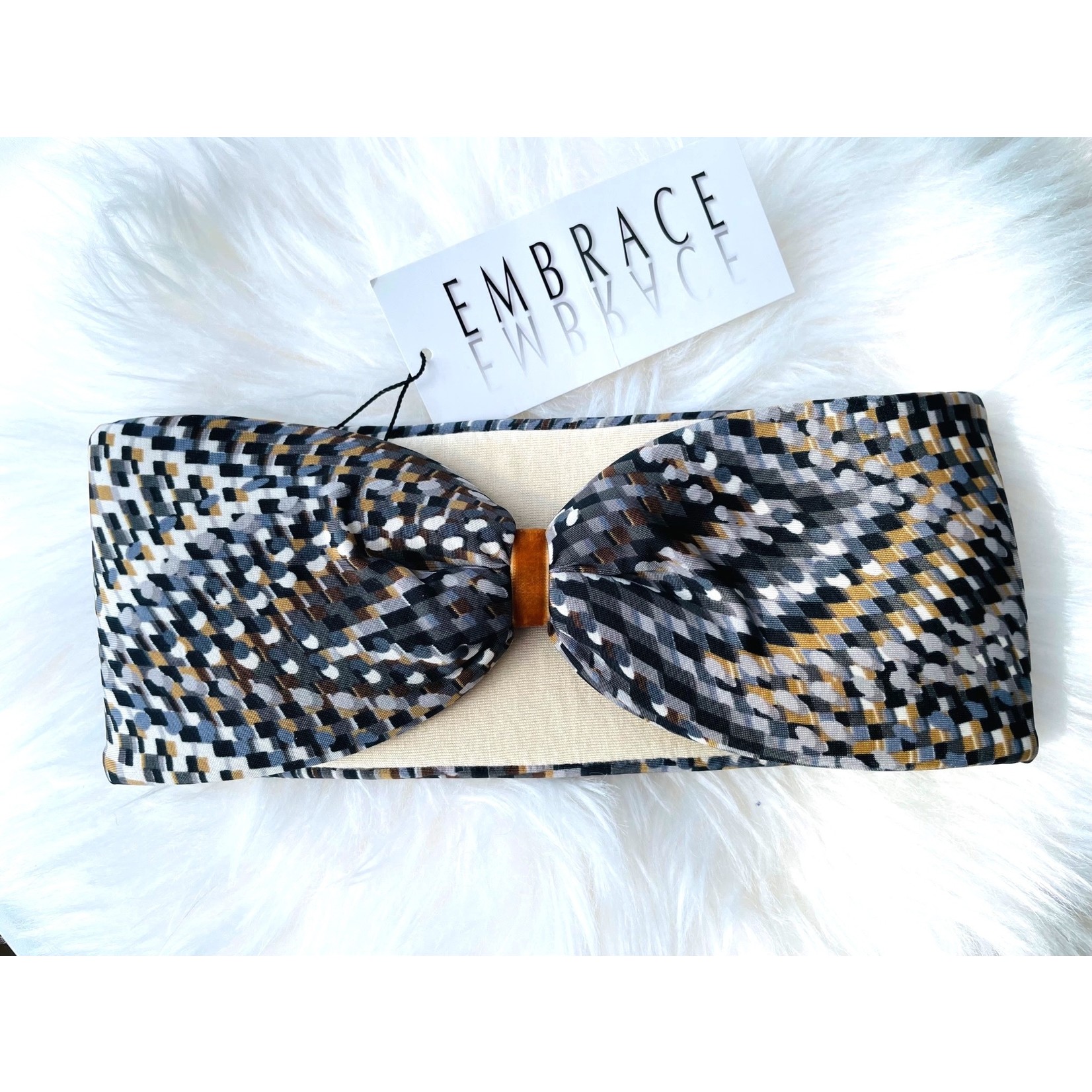 "Raute Grey Creme" headband in loop-look with ocher velvet ribbon