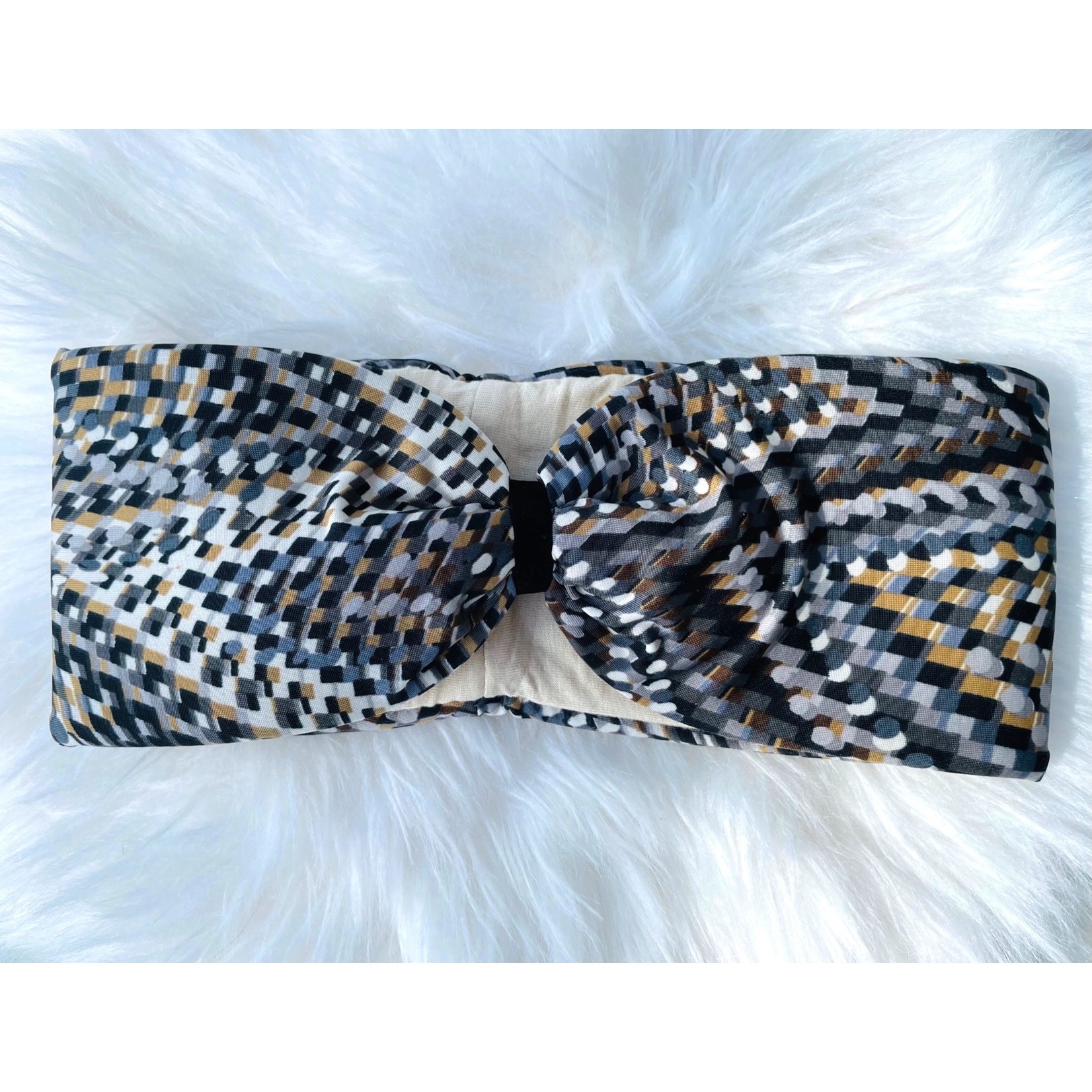 Kopfband "Raute grey creme" in Schleifen Optik mit schwarzem Samtband