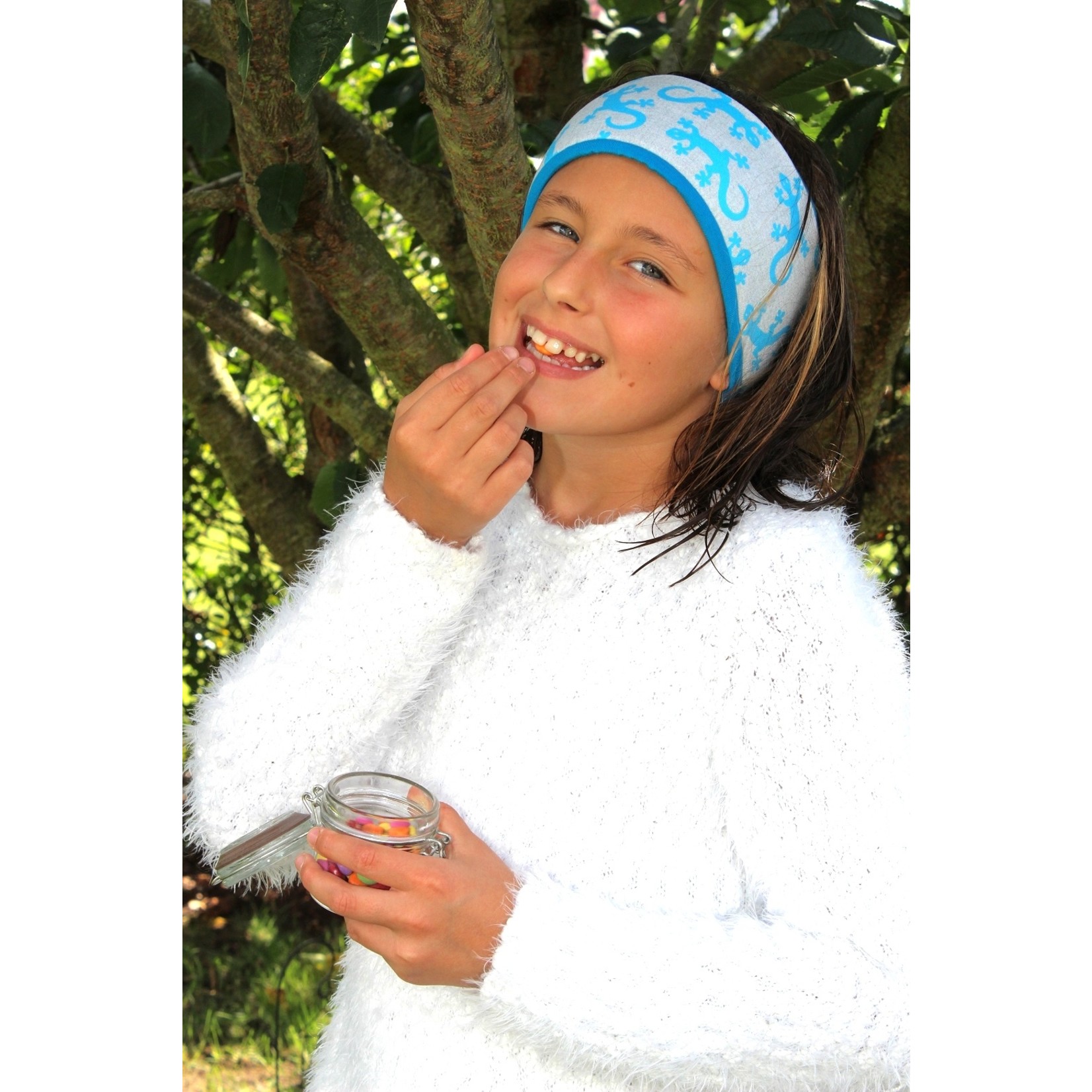 Headband "Salamandra" printed with blue geckos