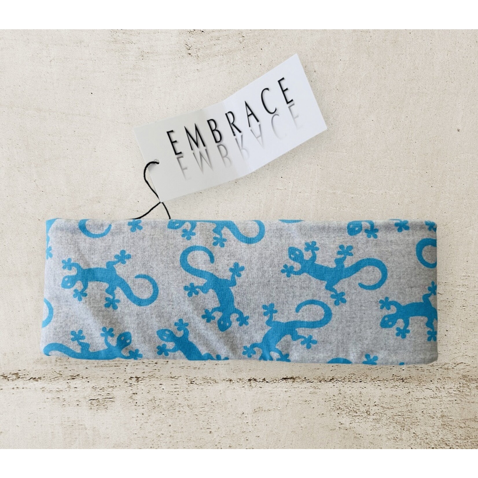 Headband "Salamandra" in loop optics gray with blue geckos and white velvet ribbon