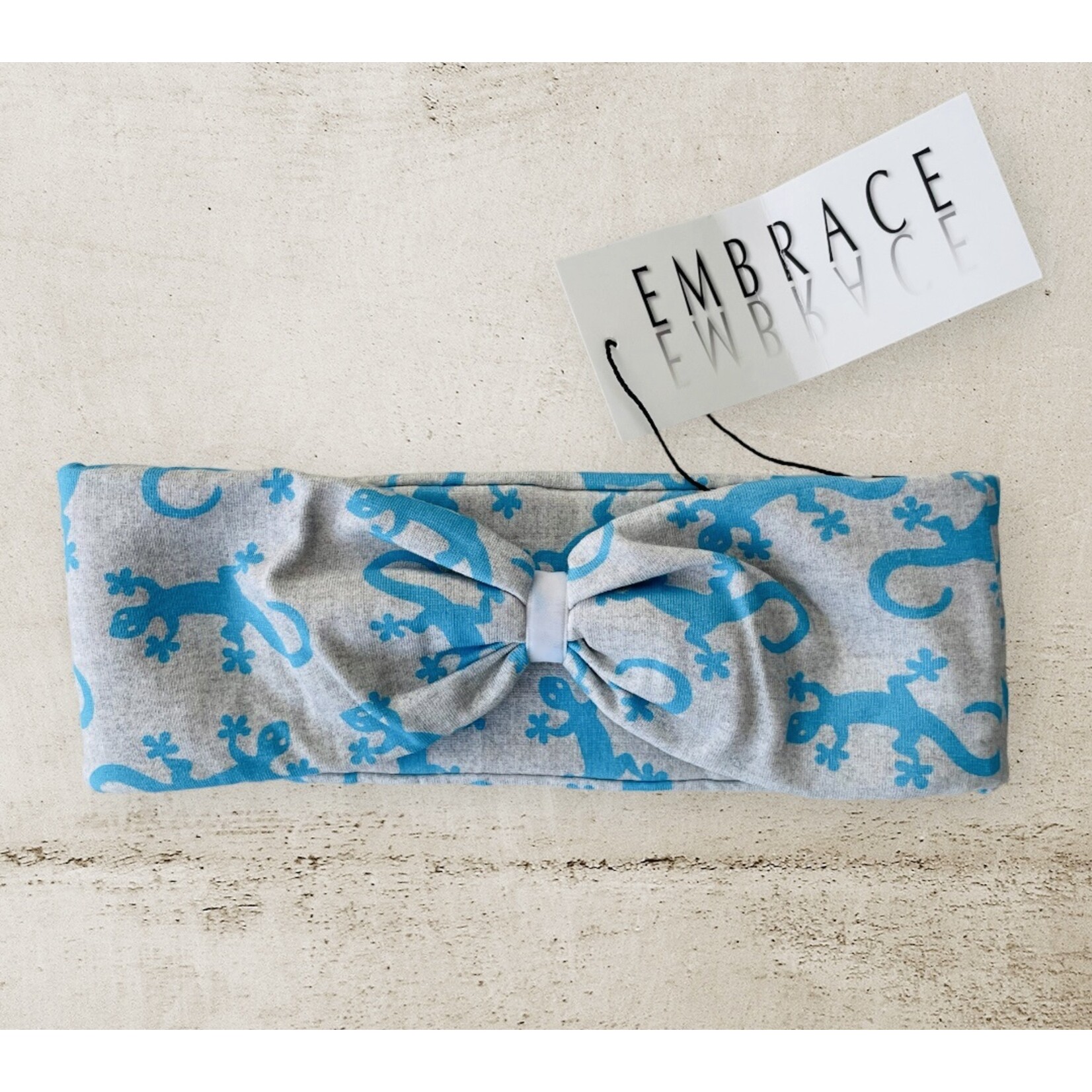 Headband "Salamandra" in loop optics gray with blue geckos and white velvet ribbon