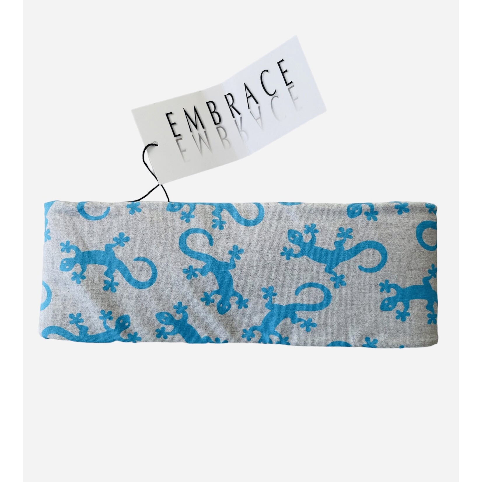 Headband "Salamandra" in loop optics gray with blue geckos and white velvet ribbon