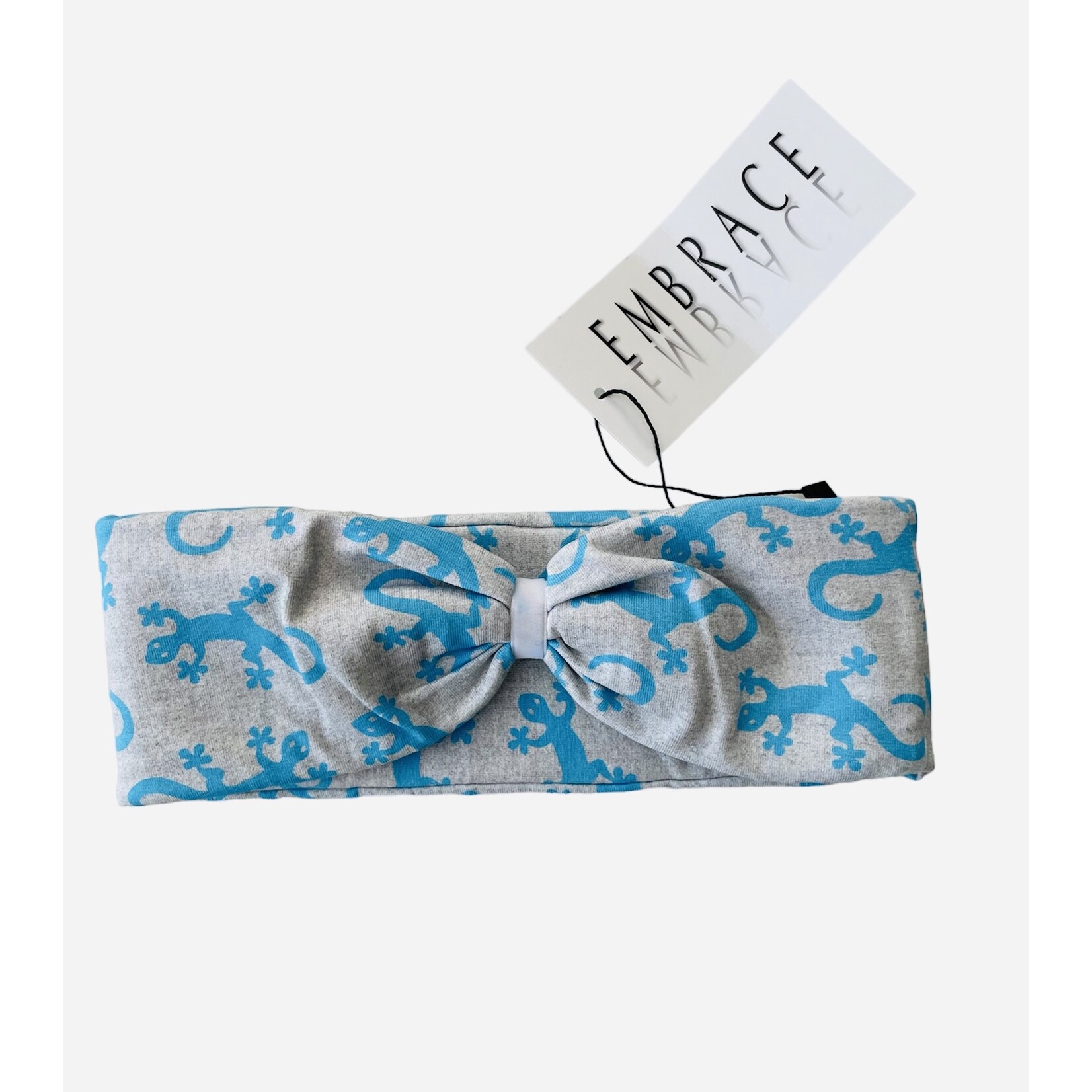 Headband "Salamandra" in loop optics gray with blue geckos and white velvet ribbon