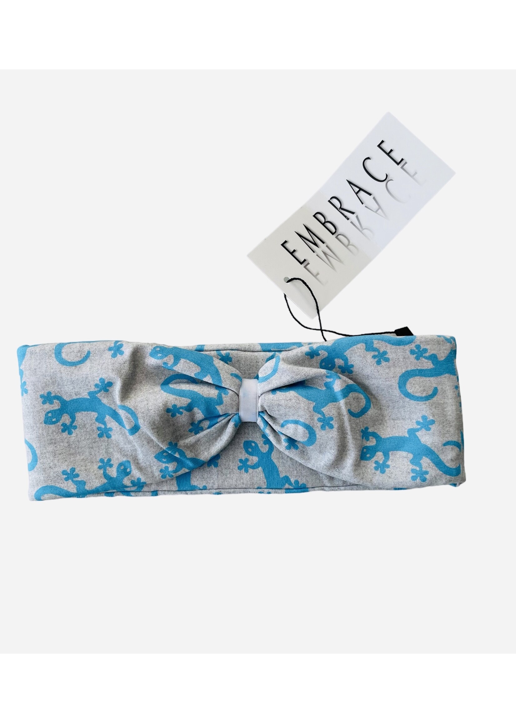 Headband "Salamandra" in loop optics gray with blue geckos and white velvet ribbon