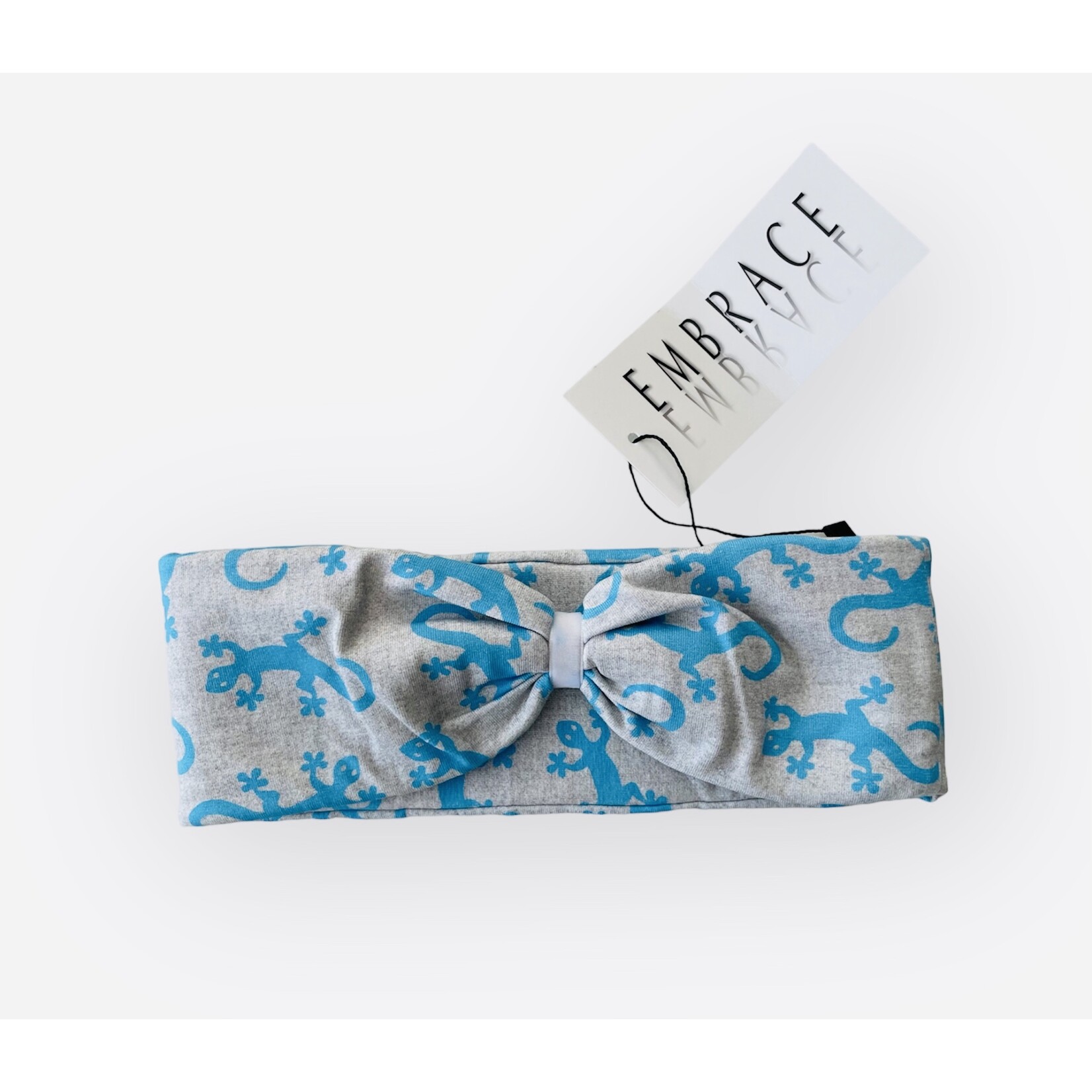 Fascia per capelli "Salamandra" in grigio ottico ad anello con gechi blu e nastro di velluto bianco