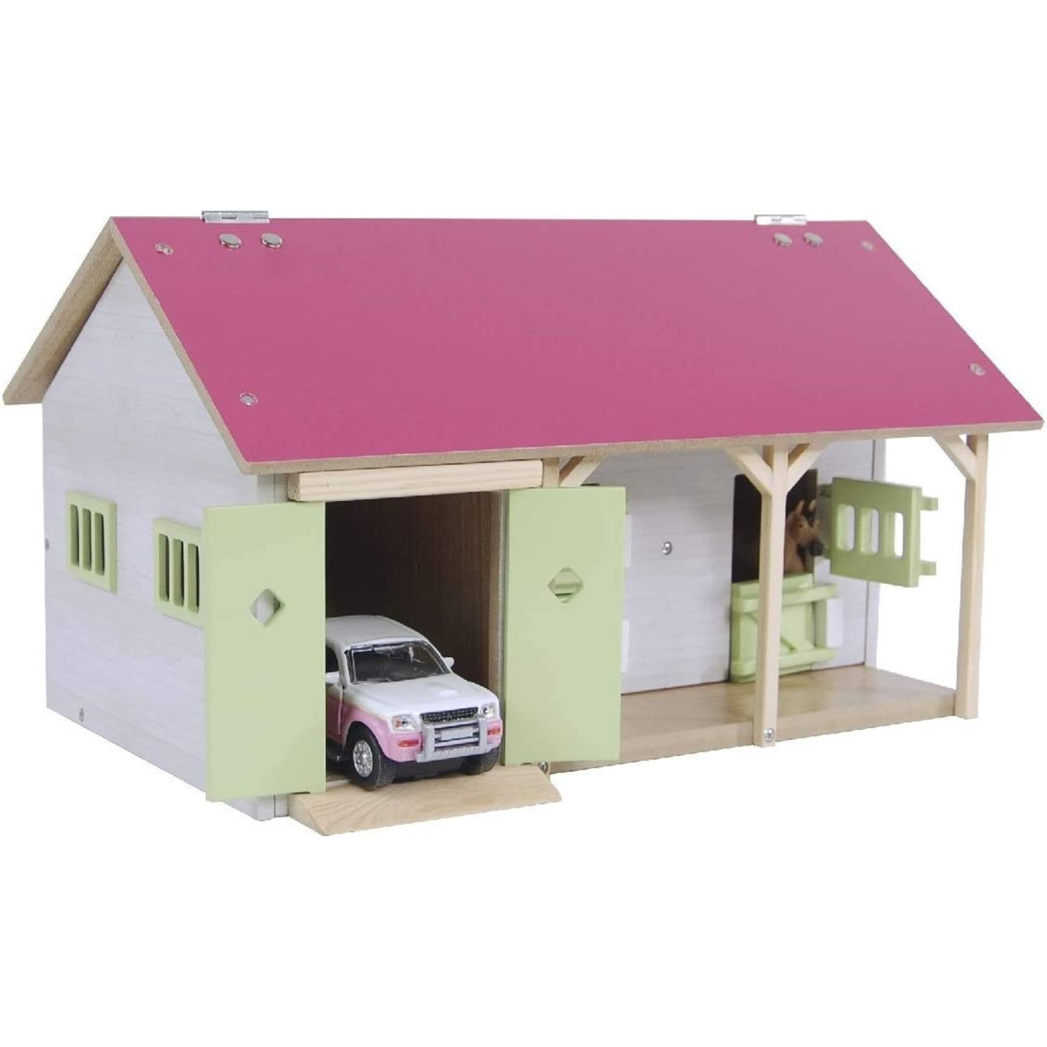 Speelgoed paardenstal met garage van Kids Globe - Schaal 1:32 afbeelding