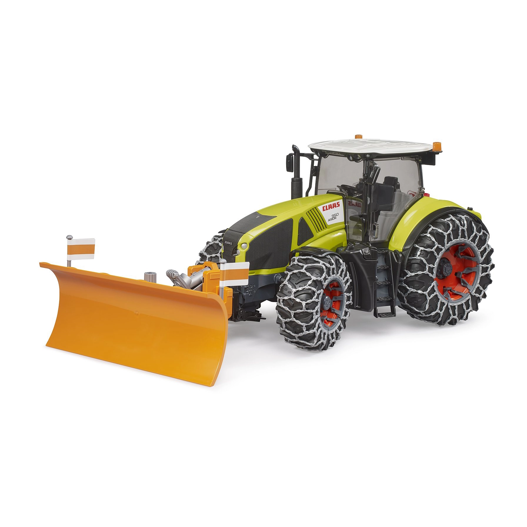 Bruder Claas Axion 950 met sneeuwkettingen + sneeuwschuif (1:16)