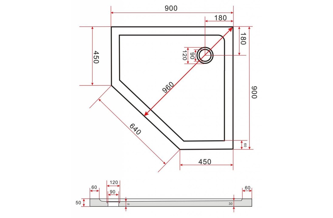 Rheiner douchebak 90x90x5 cm vijfhoek wit