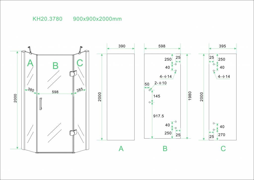 Douchecabine 5-hoek 8mm NANO 90x90x200cm