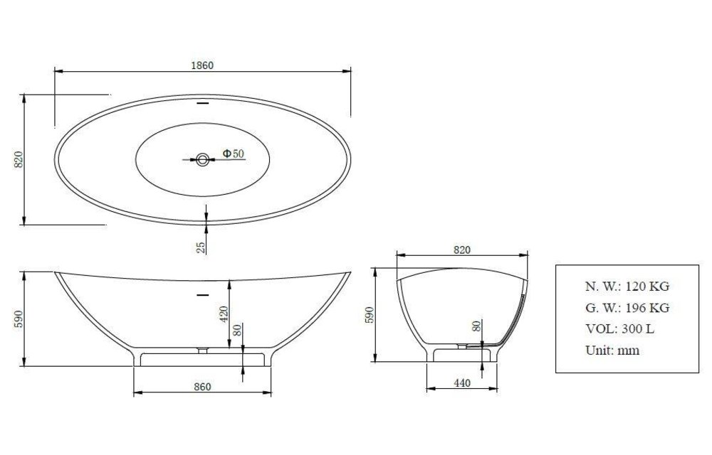 Vrijstaand ligbad Solid Surface 186 x 82 x 59 cm wit