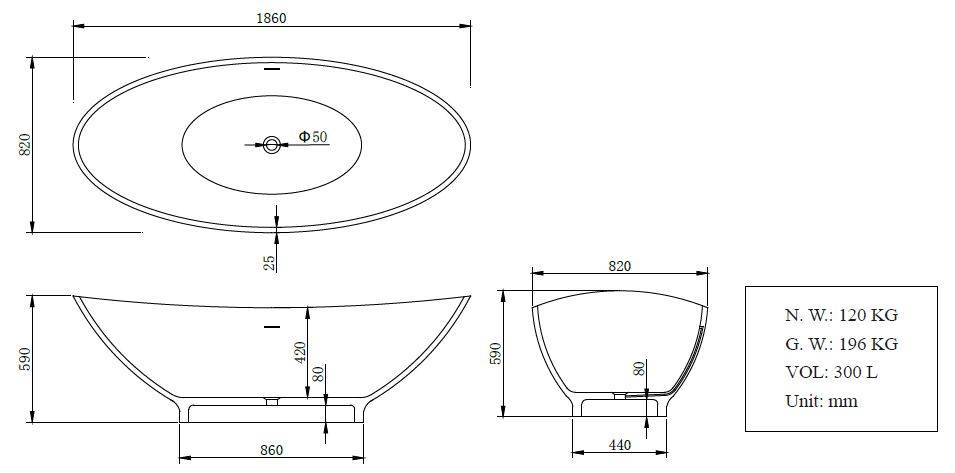 Vrijstaand ligbad Solid Surface 186 x 82 x 59 cm wit