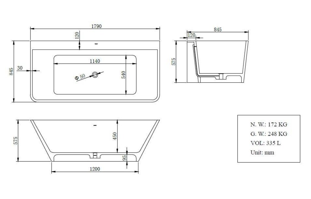 Inge semi vrijstaand ligbad Solid Surface 179 x 85 x 58 cm wit