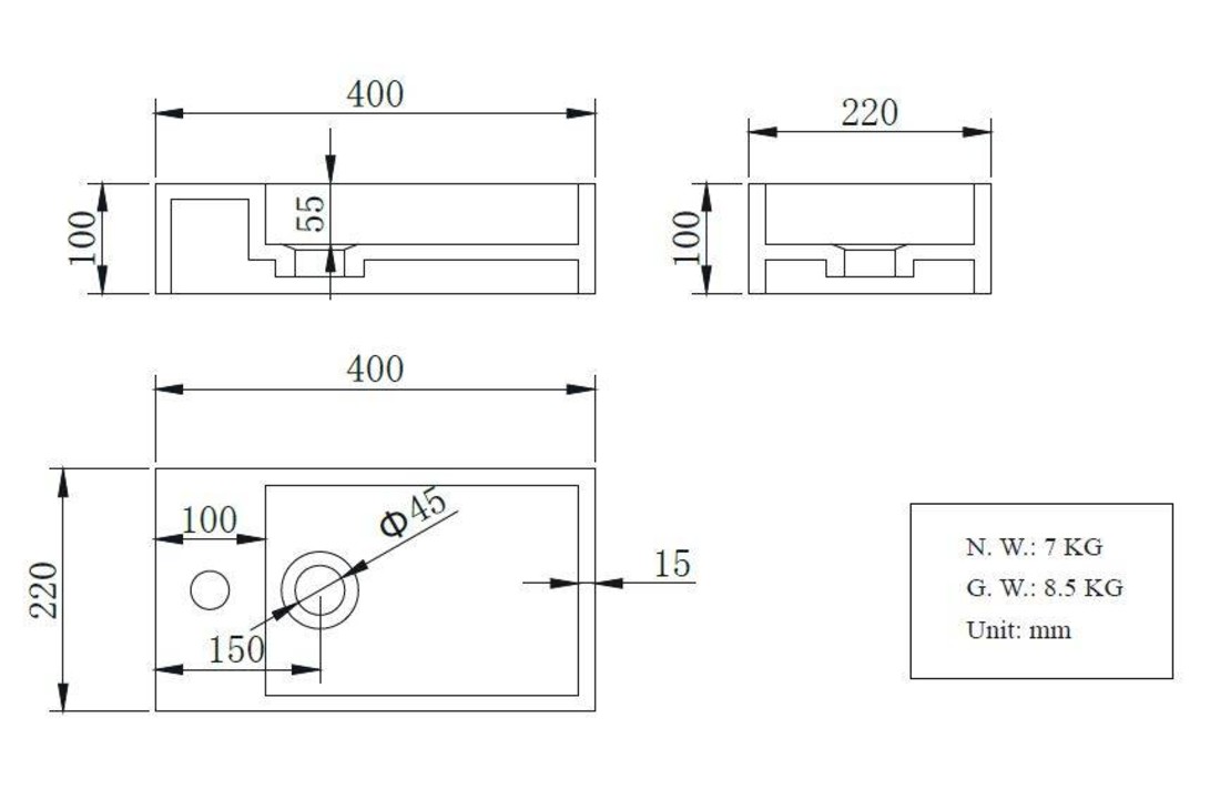 Solid Surface fontein links 40x22x10