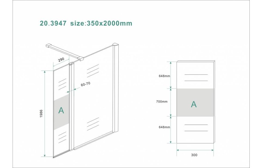 Zijwand+scharnierprofiel links 350x2000 10mm NANO gedeeltelijk matglas