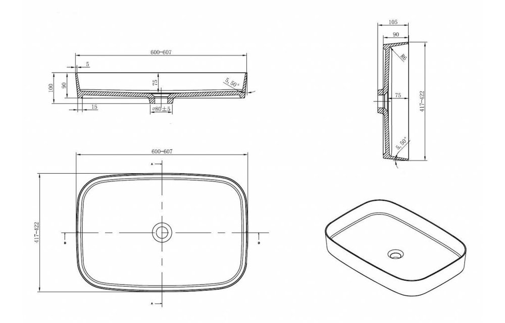 Rheiner Design Opzetwastafel Solid Surface 60 x 42 x 10 cm