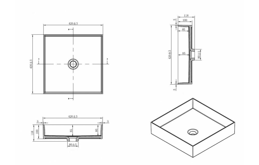 Rheiner Design Opzetwastafel Solid Surface 42 X 42 X 12 cm - vierkant