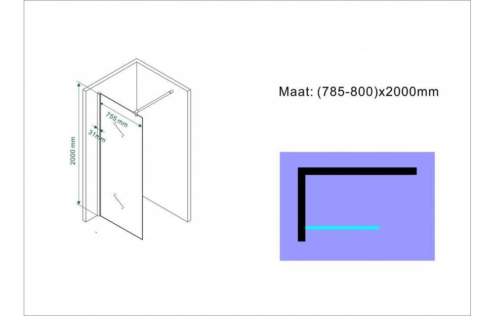 Aqua-Eco Inloopdouche 80x200 cm 8mm helder glas