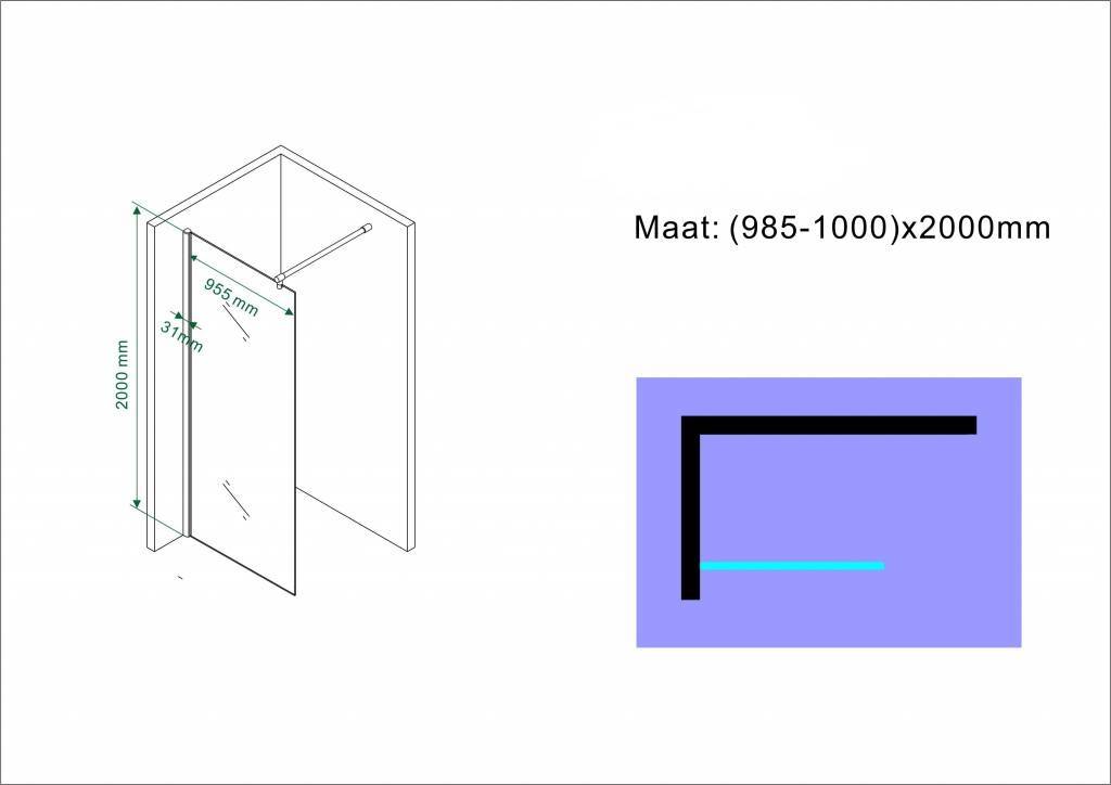 Aqua-Eco Inloopdouche 100x200 cm 8mm helder glas