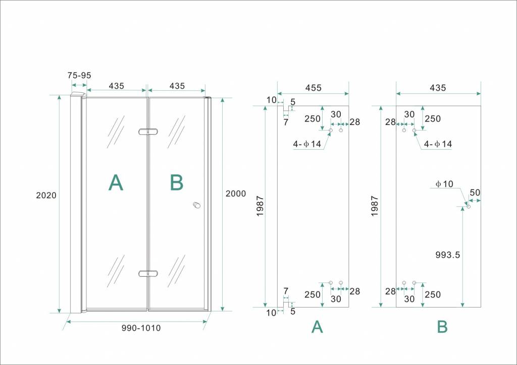 Fold vouwbare douchedeur nisdeur 100x202 cm links 8 mm glas