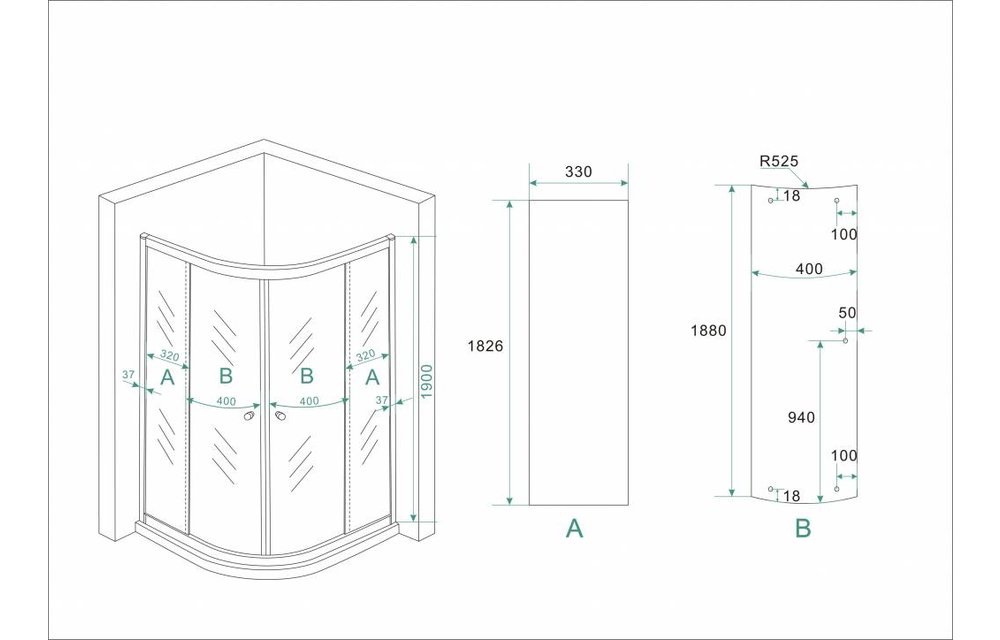 ECO douchecabine kwartrond 90x90x190 cm