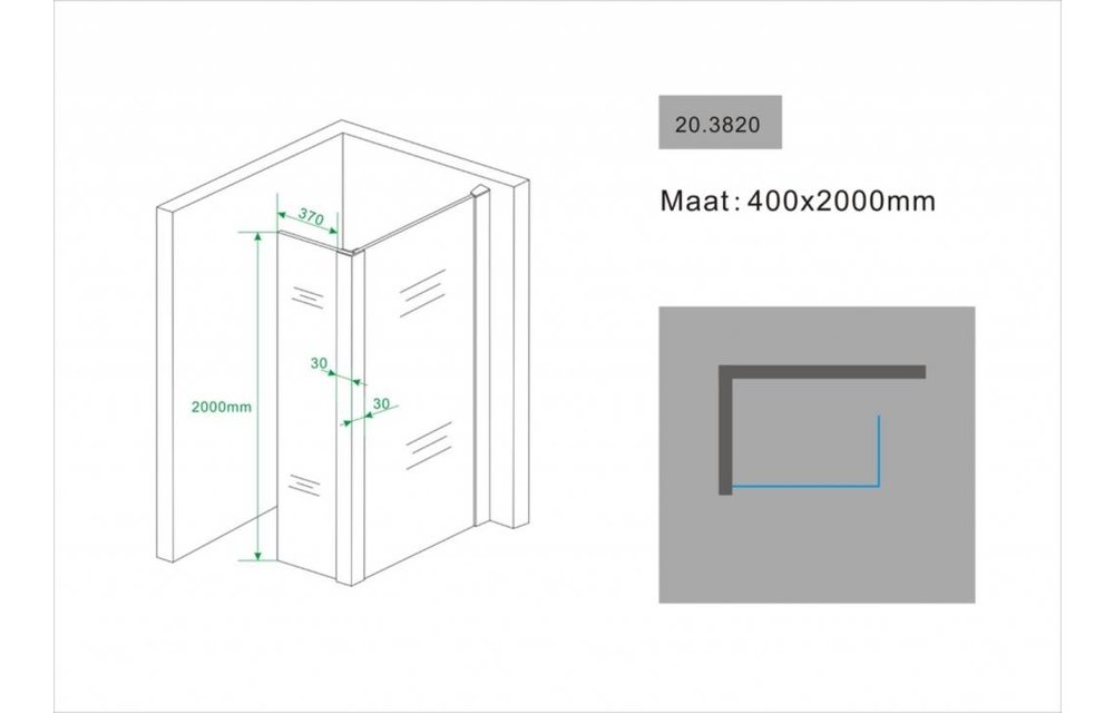 Zijwand met hoekprofiel 40 x 200 x 1 NANO glas