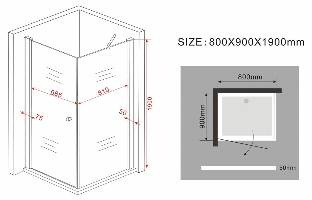 Stalis-FX Douchecabine zij instap met draaideur 90x80x190 cm