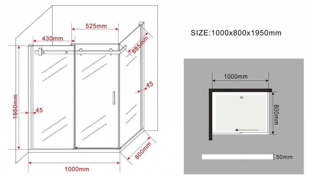 Tera douchecabine met schuifdeur 100x80x195 cm