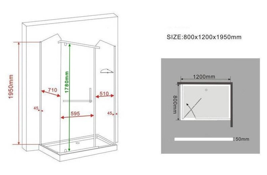 Vito douchecabine met zij instap 120x80x195 cm
