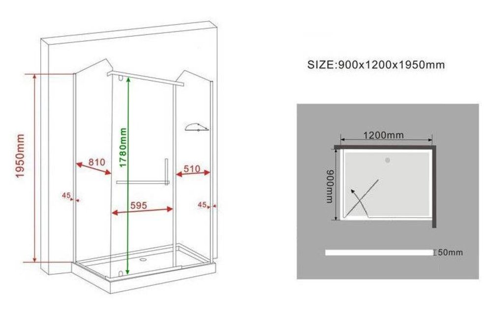 Vito douchecabine met zij instap 120x90x195 cm