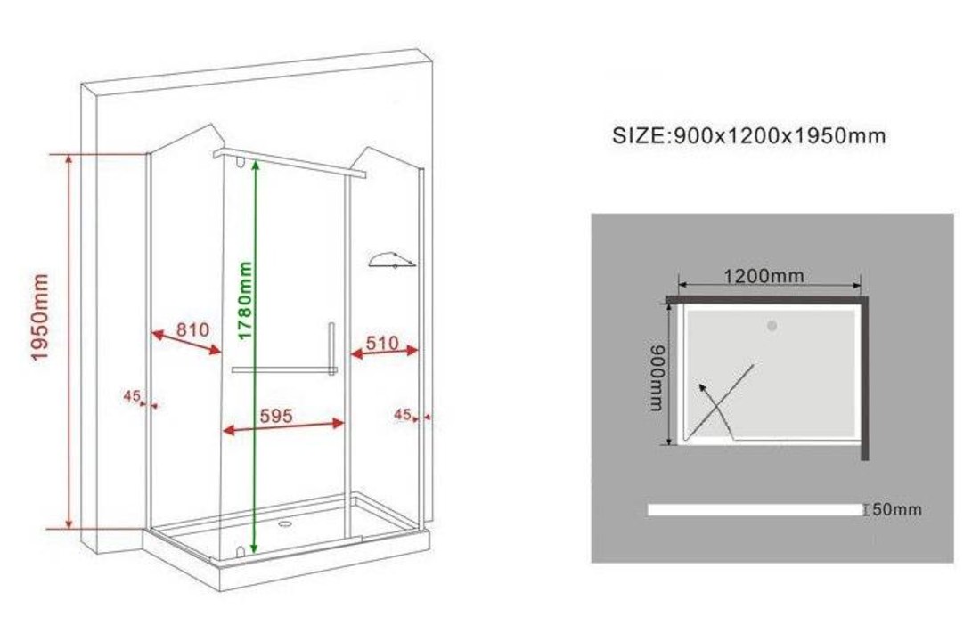 Vito douchecabine met zij instap 120x90x195 cm