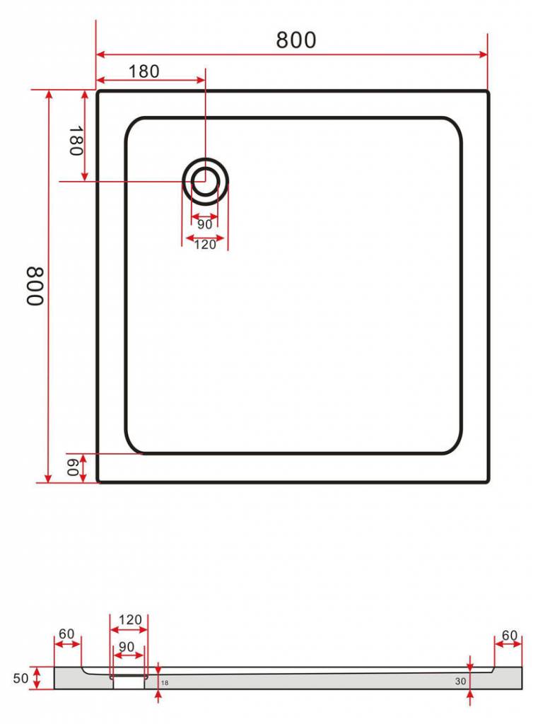 Rheiner Douchebak 80x80x5 cm Vierkant Wit
