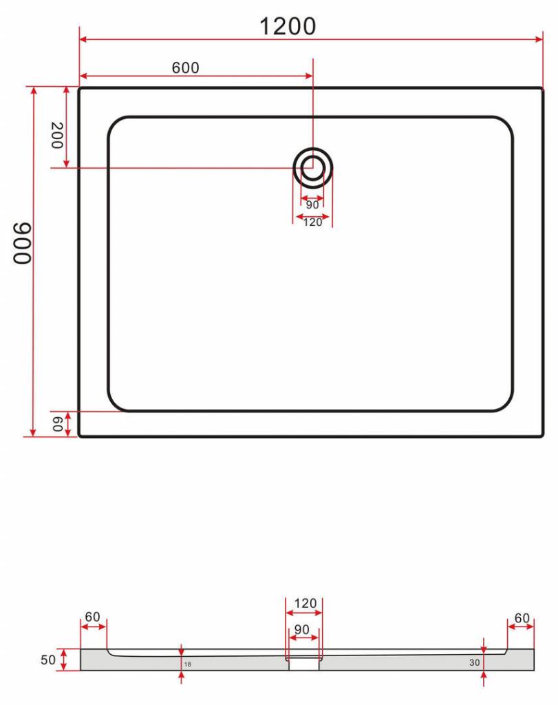 Rheiner douchebak 120x90x5 cm rechthoek wit