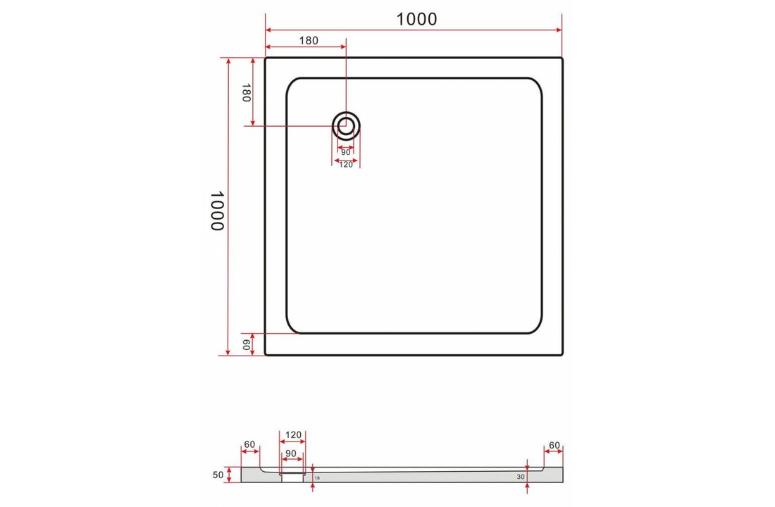 Rheiner douchebak 100x100x5 cm vierkant wit