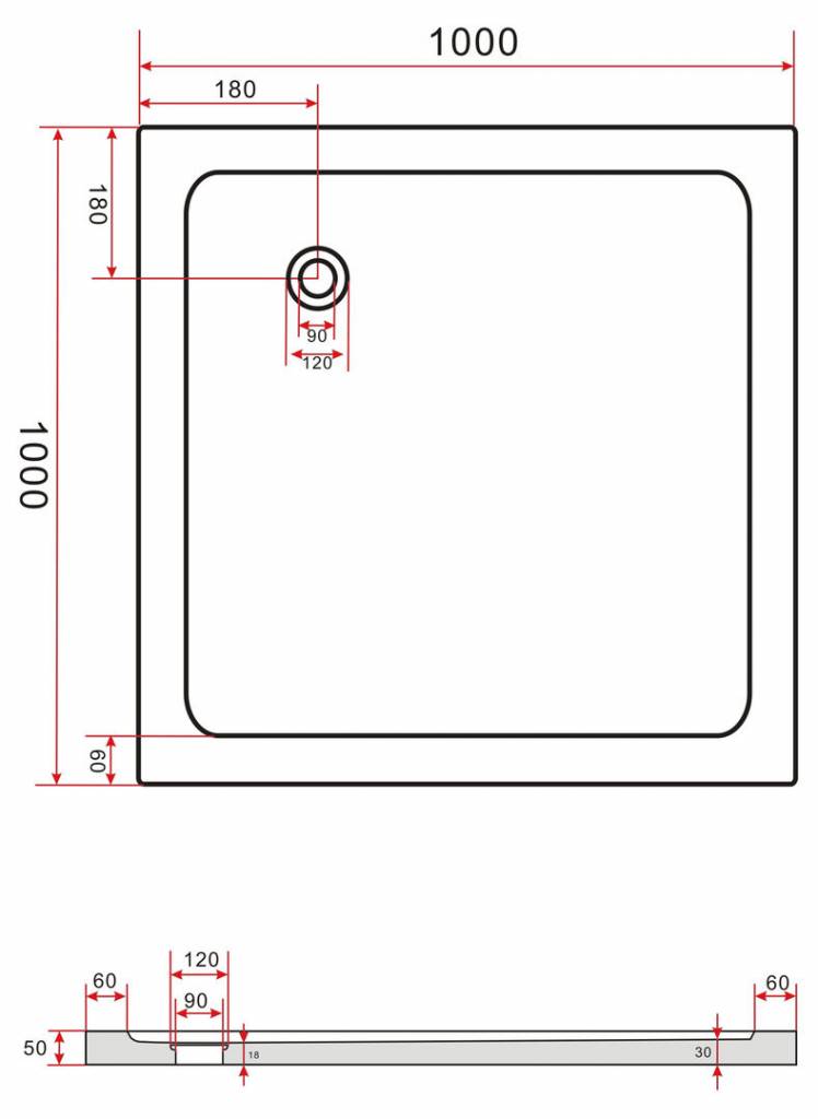 Rheiner zwarte douchebak 100x100x5 cm vierkant