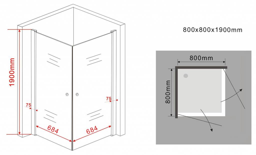 Stalis-MG Douchecabine hoekinstap 80x80x190 cm met matglas