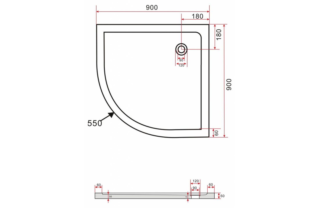 Rheiner douchebak 90x90x5 cm kwartrond zwart