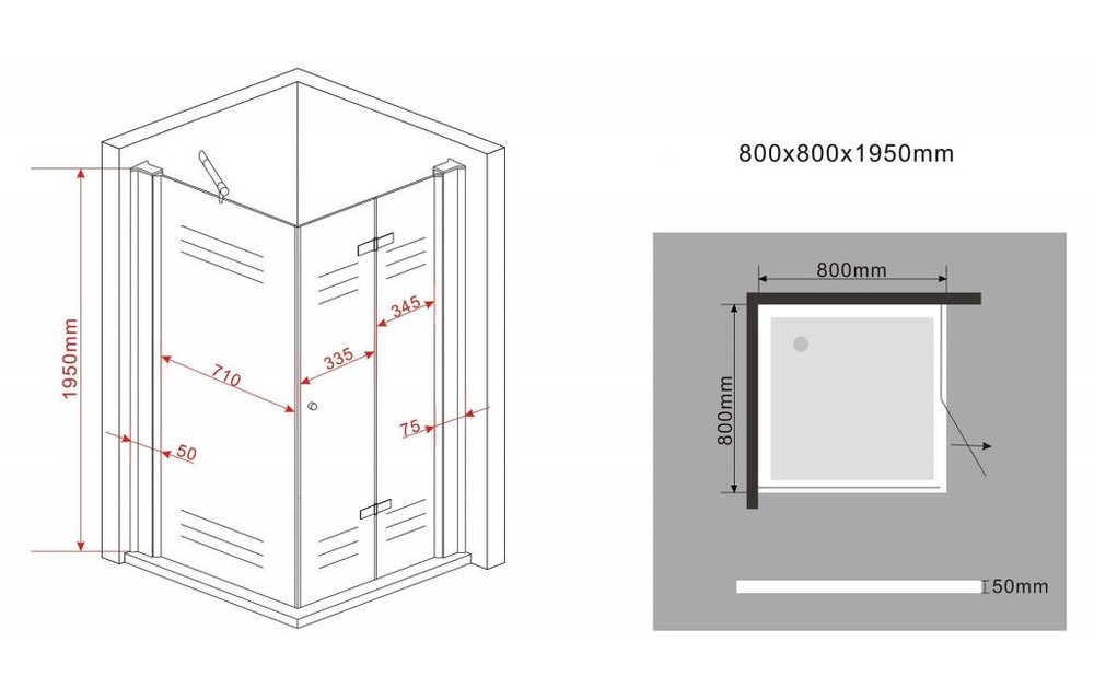 Ontario douchecabine zij instap met vouwdeur 80x80x195 cm