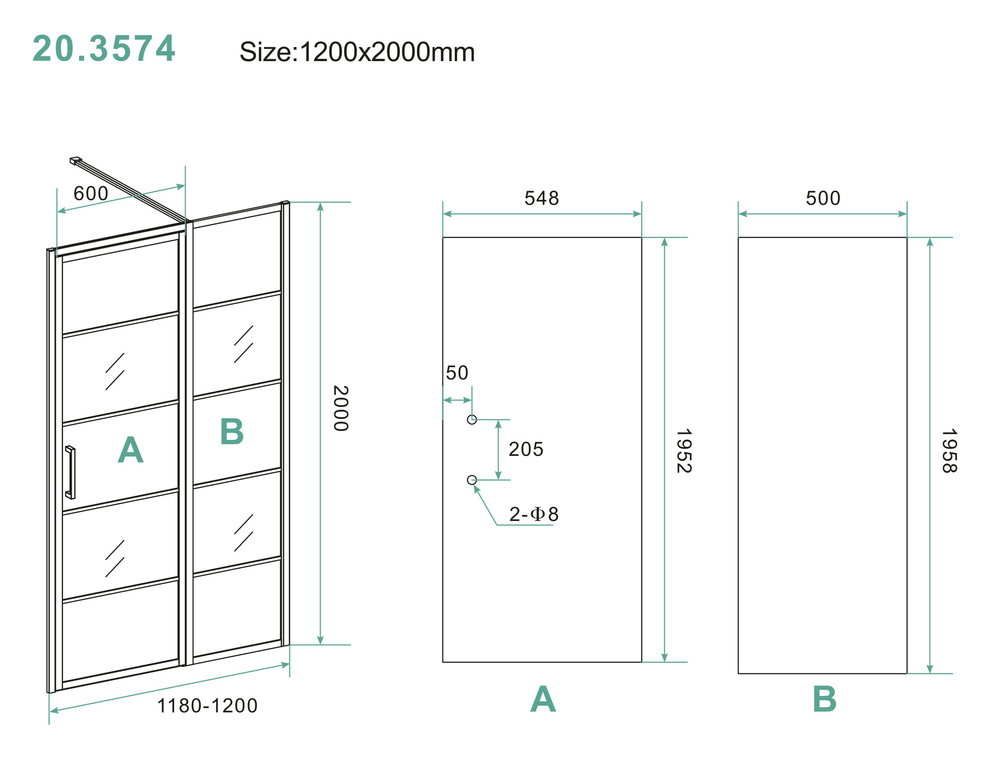 Matzwarte Horizon Nisdeur 120 cm Rechts/Links + Vast Paneel