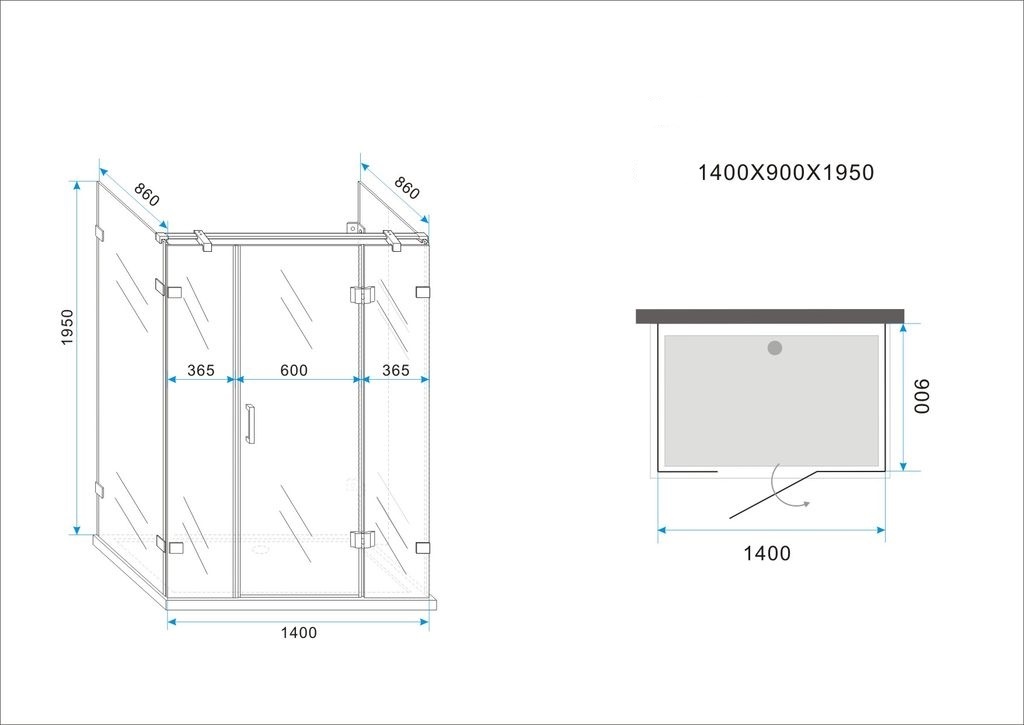 Douchecabine TARNA U-vorm met draaideur 140x90x195 cm