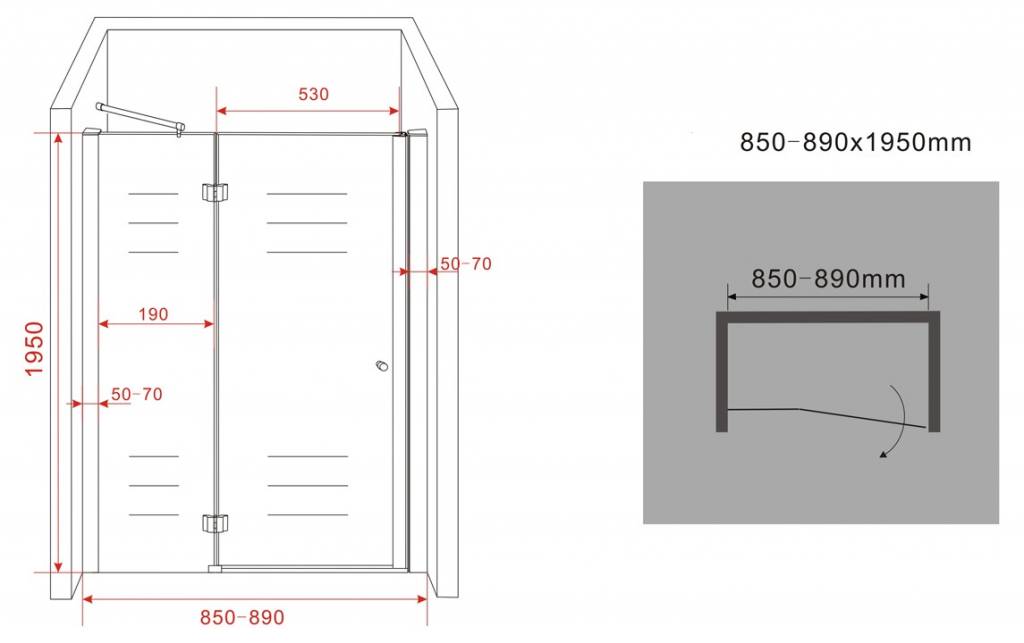 Enter douchedeur 85x195 cm nisdeur 8 mm veiligheidsglas