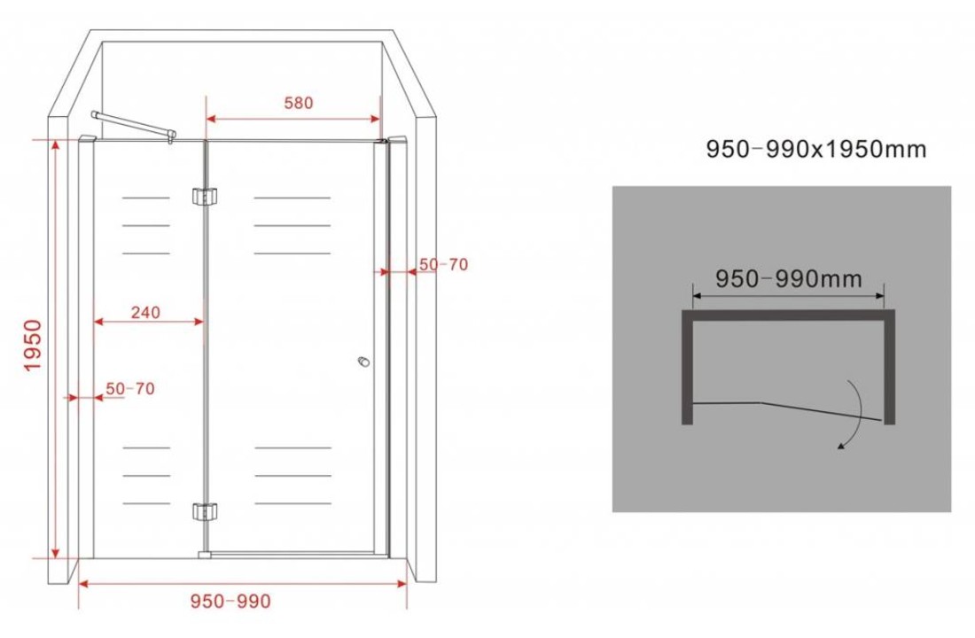 Enter douchedeur 95x195 cm nisdeur 8 mm veiligheidsglas